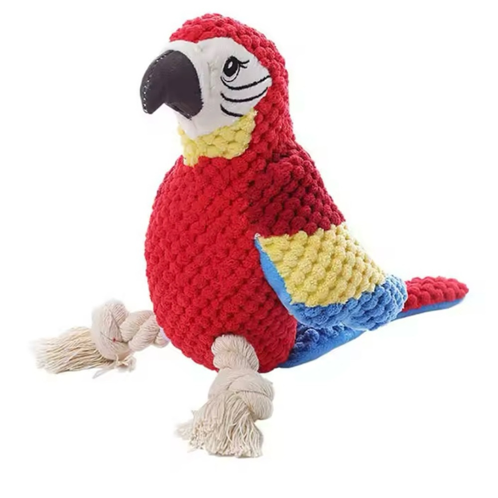 Squeaky Plush Parrot Dog Toy – Crinkle Wings & Rope Legs